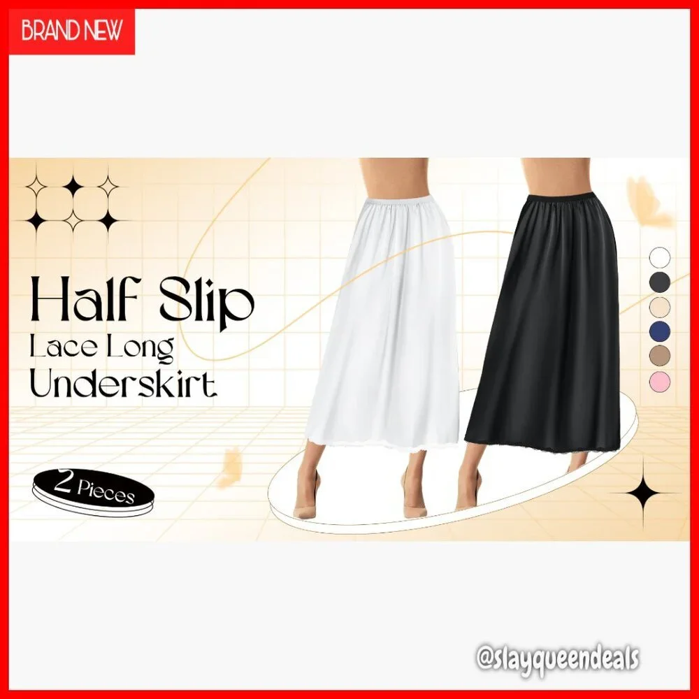 Satin Half Slip with Lace Trim for Under Dresses, Size Adjustable